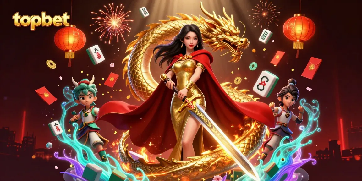 Experience topbet thrills with a warrior queen and a golden dragon amidst a vibrant casino atmosphere.