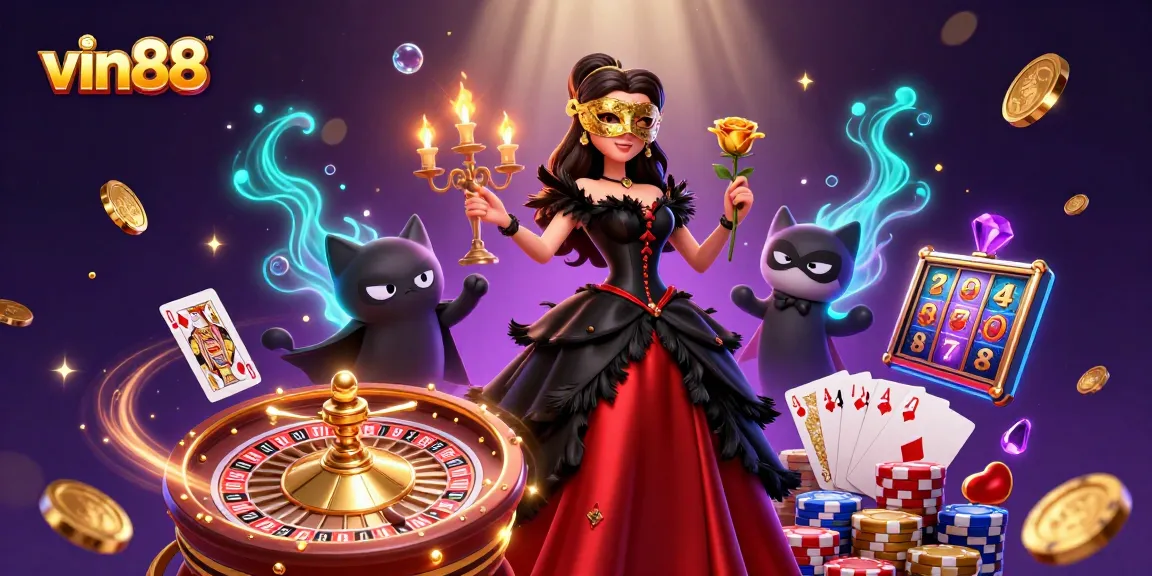 vin88 showcases an immersive casino scene with golden coins, cards, and vibrant characters in 3D