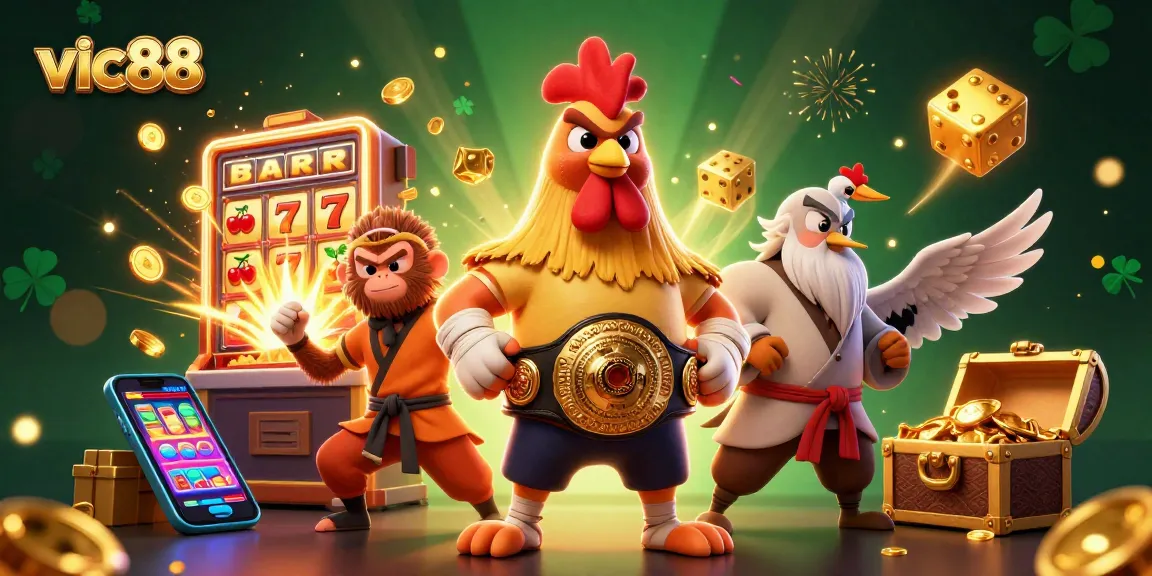 Experience the excitement of vic88 with a vibrant 3D illustration showcasing a playful gambling scene filled with slot machines and colorful game elements.