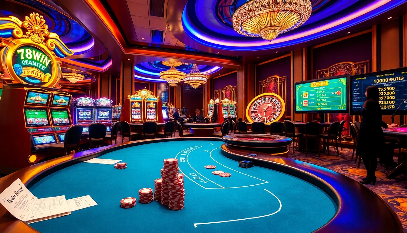Players enjoying a thrilling game at 78win vip casino tables amid vibrant lights.