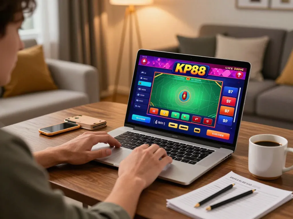 Player enjoying live dealer game on KP88 at home, illuminated laptop screen, cozy setup.