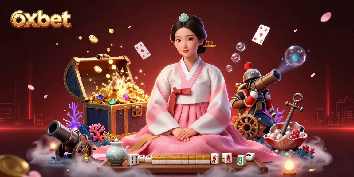 Experience excitement playing at oxbet with a serene Asian woman amidst treasures and casino elements.