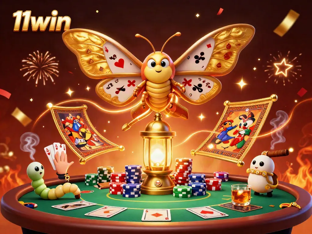 Experience the thrilling world of 11win with a majestic moth and poker elements in a casino celebration.