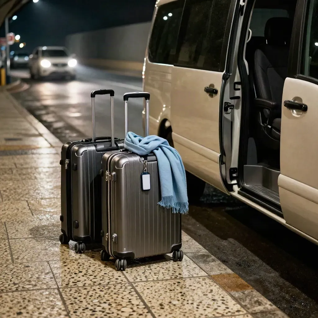 Açık servis minibüsü yanında iki valiz, atkı ve anahtarlıkla gece havaalanı transferi.