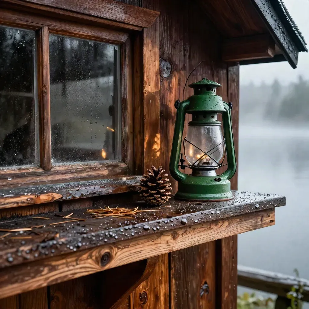 Yağmur damlalı ahşap kabin cephesi, pencere kenarı, fener ve kozalak detayı