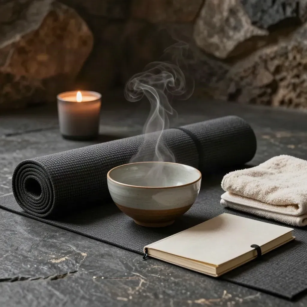 Çay kasesi buhar saçıyor; meditasyon matı, mum, kapalı defter ve katlı havlu var.