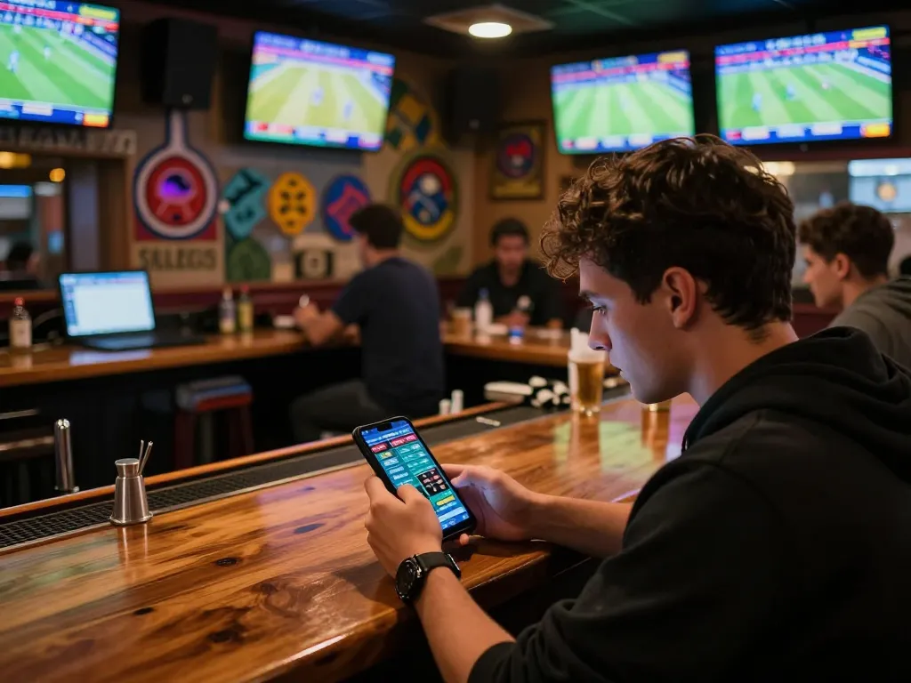 Engaging sports bettor using m88zo app for strategic bets in a vibrant bar setting.