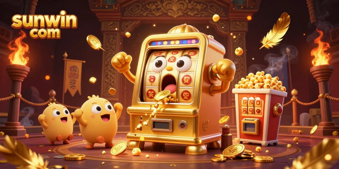 Experience excitement with sunwin com as golden slot machines celebrate big wins amidst dynamic casino elements.