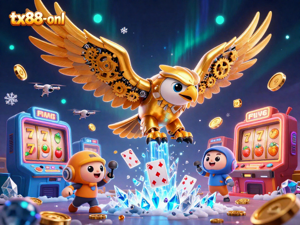 Experience high-energy gameplay with tx88-onl as a golden eagle dives through holographic cards.