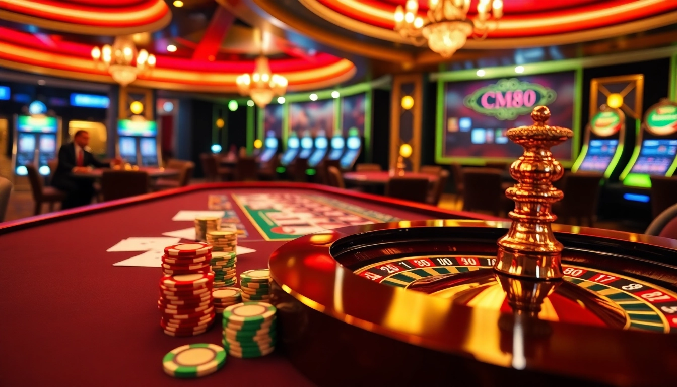 Engage in thrilling gambling at CM88's luxurious casino, featuring elegant tables and vibrant poker chips.
