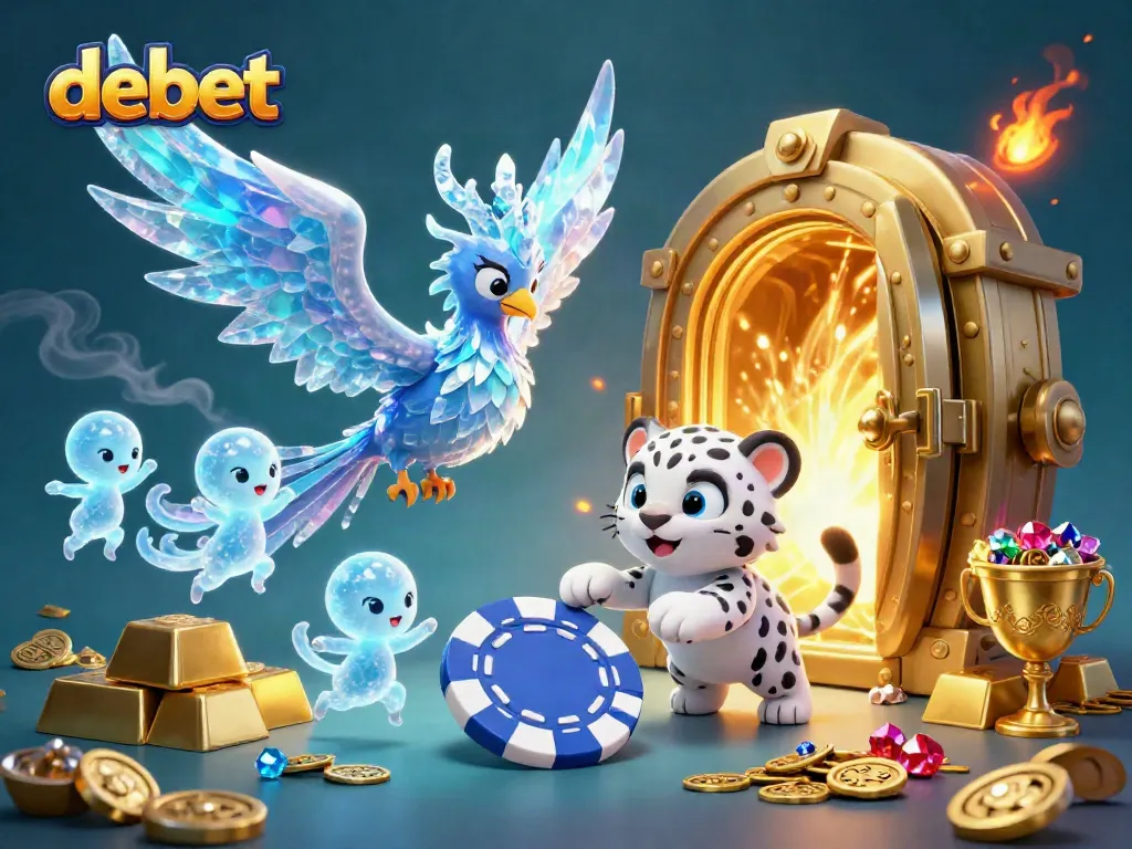 Experience thrilling gaming action with debet in this vibrant casino illustration featuring colorful characters and rich casino elements.