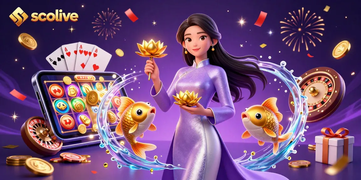 Socolive stream showcases an Asian woman with koi fish surrounded by vibrant casino elements including slot games and roulette.