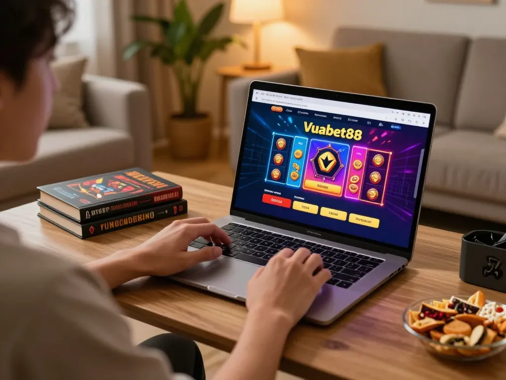 Engaging in online gaming at home using Vuabet88 đăng nhập on a laptop, showcasing vibrant casino activities.