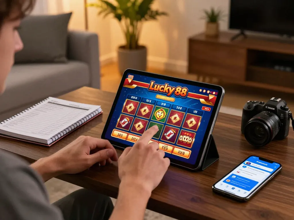 Engaging scene of a player immersed in the Lucky 88 slot game on a tablet, set in a cozy home environment.