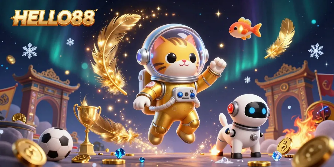 HELLO88 offers thrilling sports betting with dazzling golden coins and trophy elements.