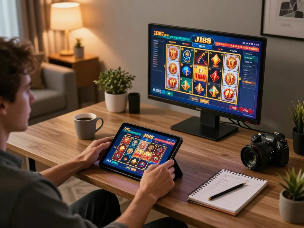 Engaging in online casino games with J188 platform on a tablet, showcasing a modern gaming setup.