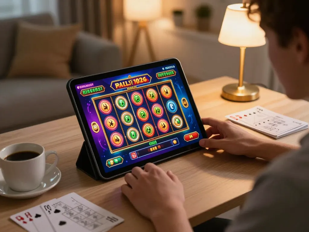 Player on tx88.bid spins colorful slot machine on tablet at home gaming setup, enjoying online casino entertainment.