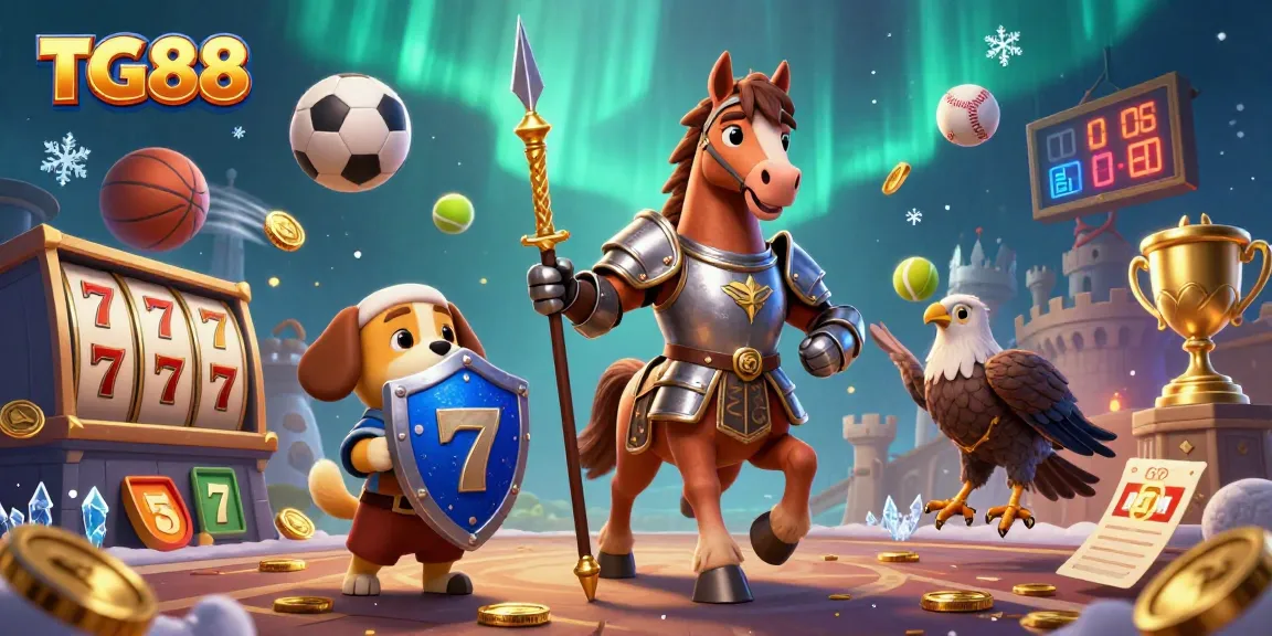 Engage in thrilling gaming at TG88 with a lively 3D casino scene filled with slot elements and sports balls.