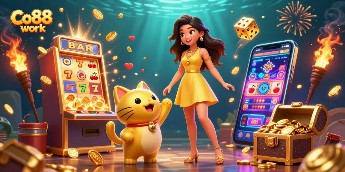 Experience the thrill of Co88 work with a vibrant casino scene featuring golden coins and cheerful characters.