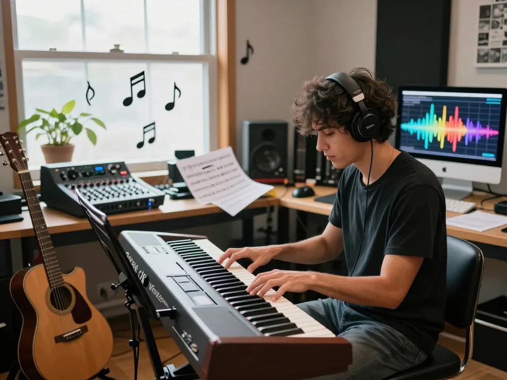 Musician playing VK88 organ in a vibrant music studio surrounded by instruments and creativity