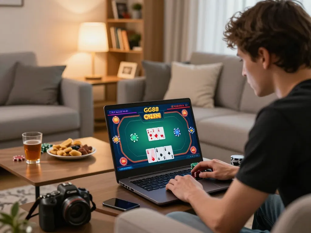 Players enjoy thrilling online poker at GG88 on a cozy living room laptop.