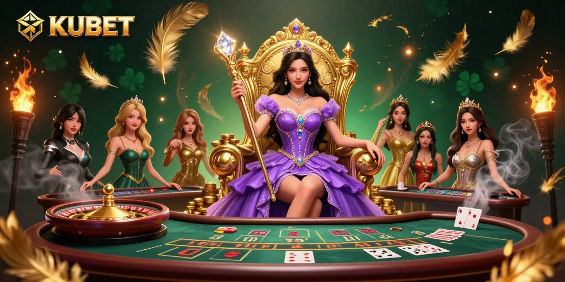KUBET offers vibrant online gaming with a beautiful princess character at a live casino table surrounded by dramatic elements.