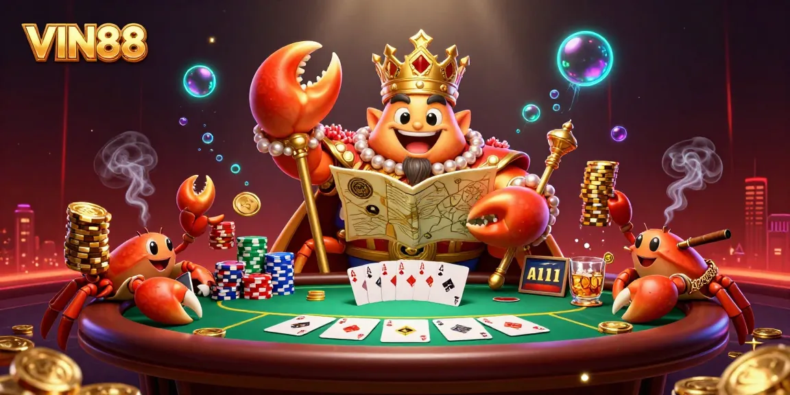 Join the excitement at VIN88 with a massive golden crab emperor amidst poker thrills and treasures.