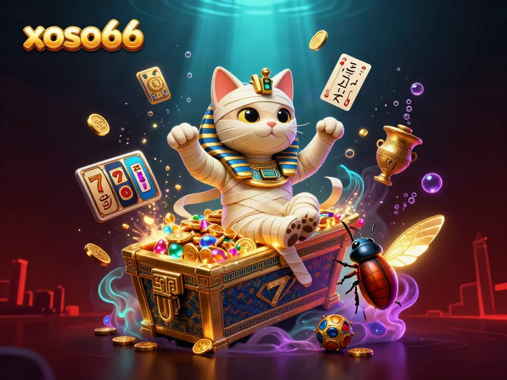 Experience the thrill of xoso66 gaming with a vibrant mummy cat bursting from a casino sarcophagus.