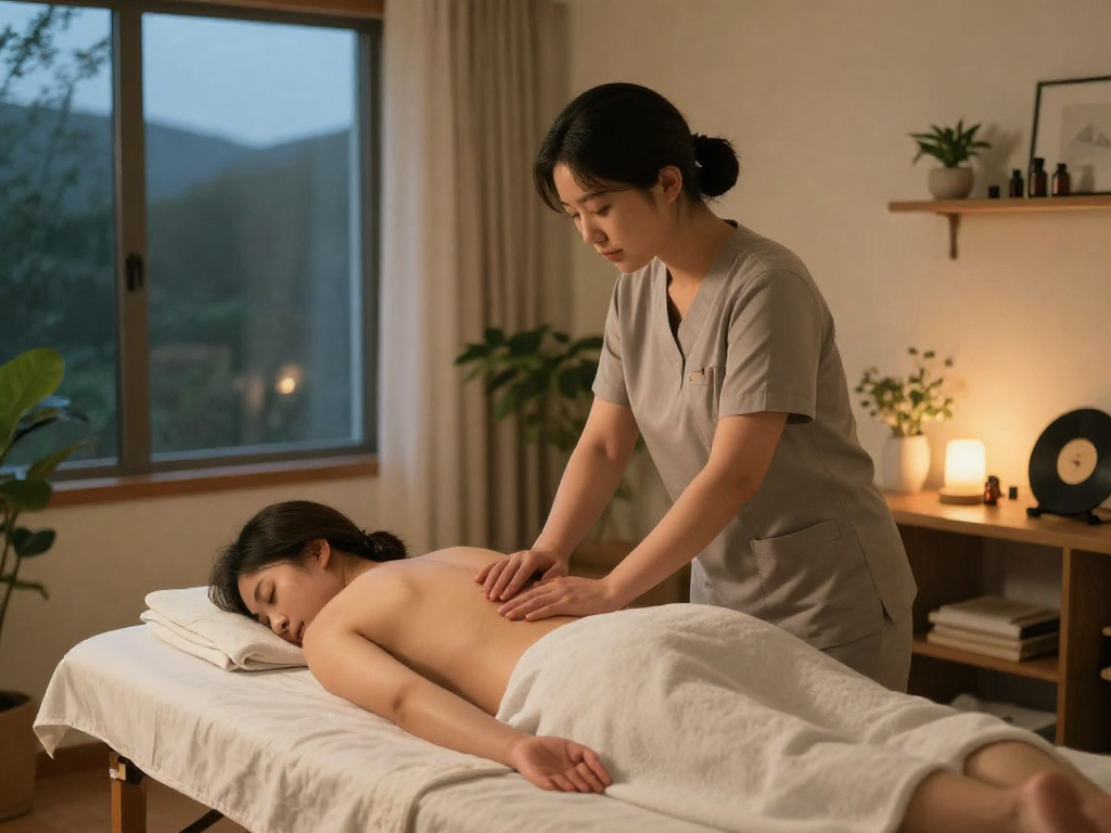 강남출장마사지 session in a serene home environment promoting relaxation and calm.