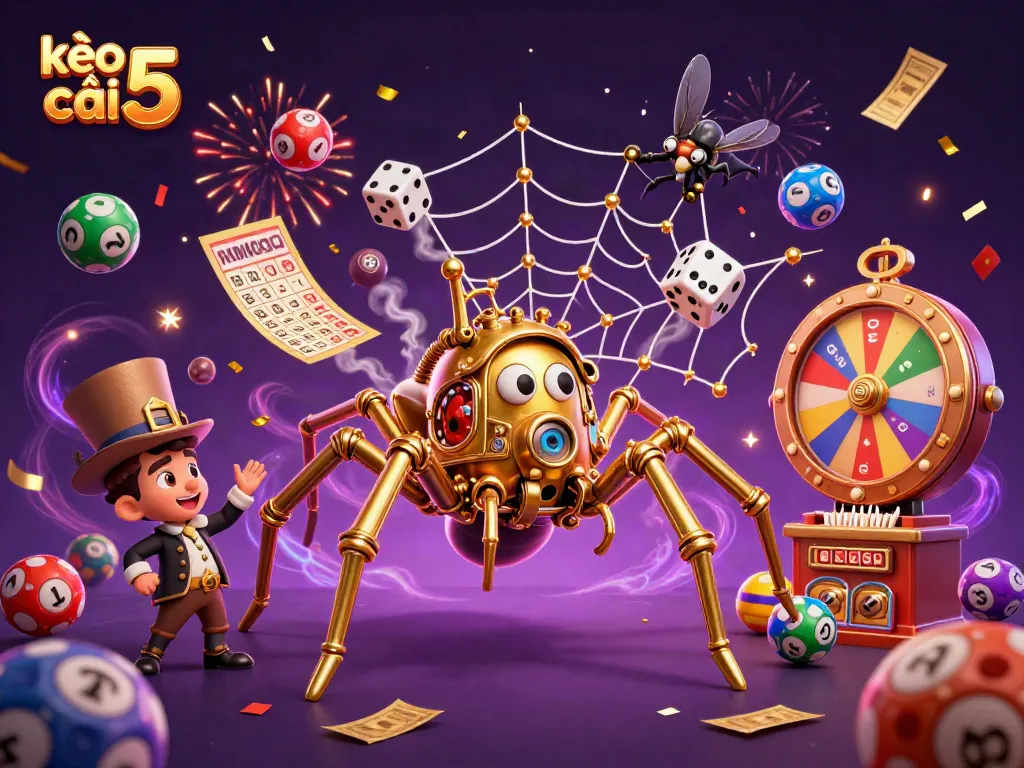 Engage with kèo nhà cái 5 through a vibrant 3D illustration of a steampunk spider webbing its luck around golden chains and dynamic lottery elements.