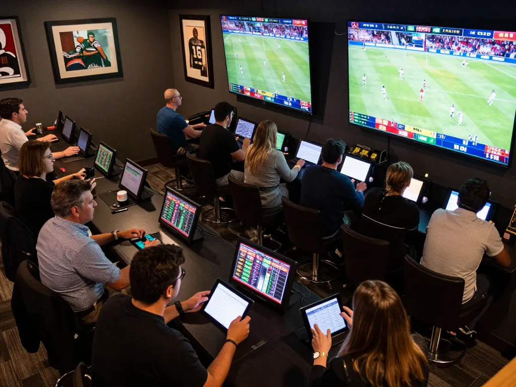 Betting enthusiasts strategizing at https://www.mnm88.com/ during a sports event in an upscale lounge