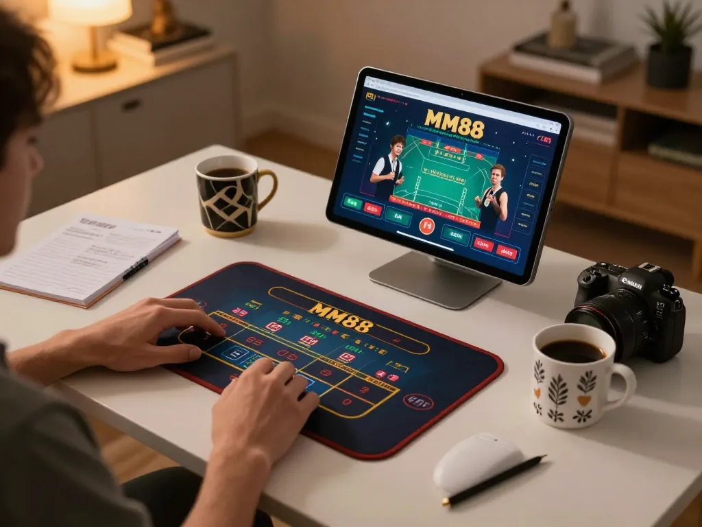 Player enjoying MM88 online gaming, focused on tablet with live dealer game, cozy home setup.