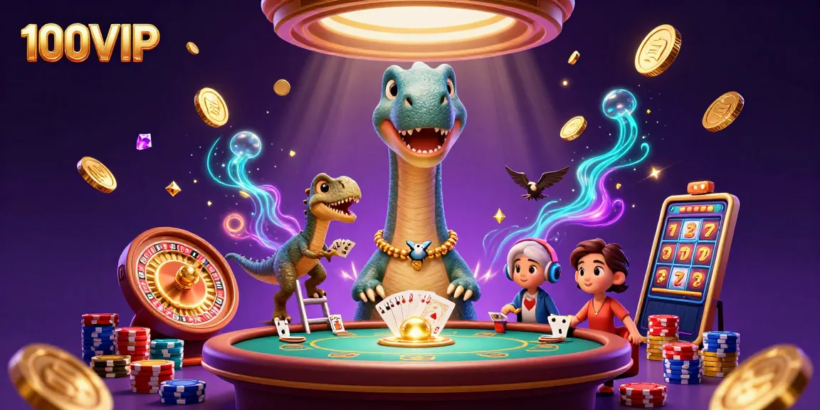 Experience thrilling games with 100VIP's vivid casino illustration featuring engaging characters and dynamic elements.