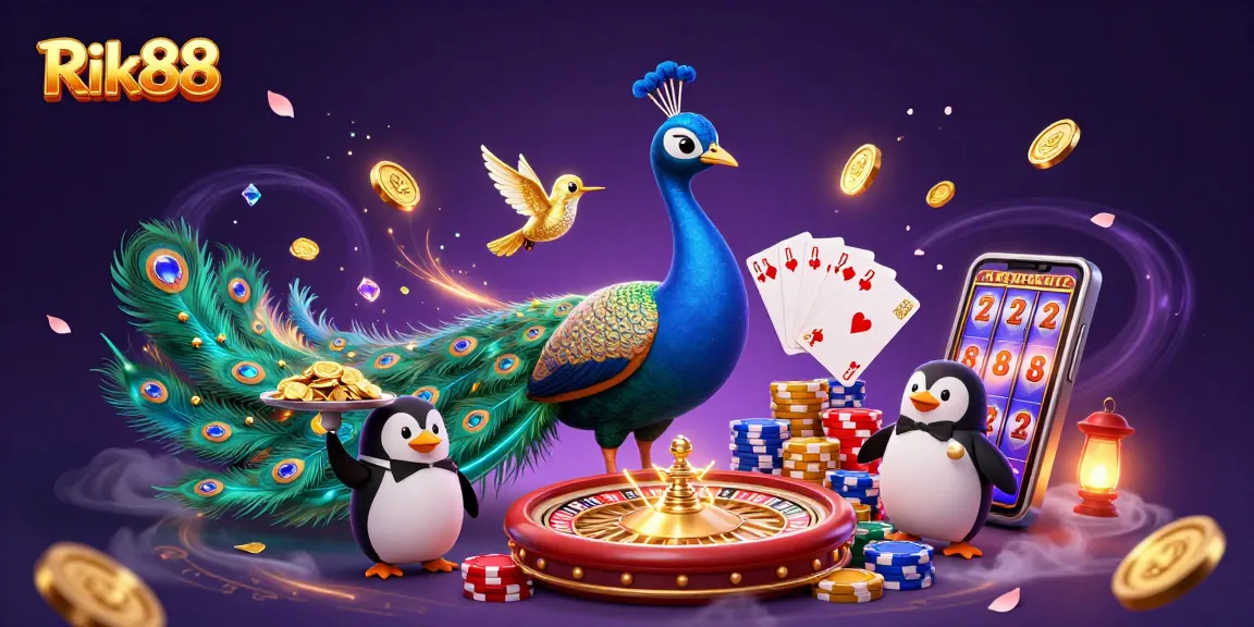 Experience exhilarating games at Rik88 with a spectacular display of casino elements and vibrant characters.