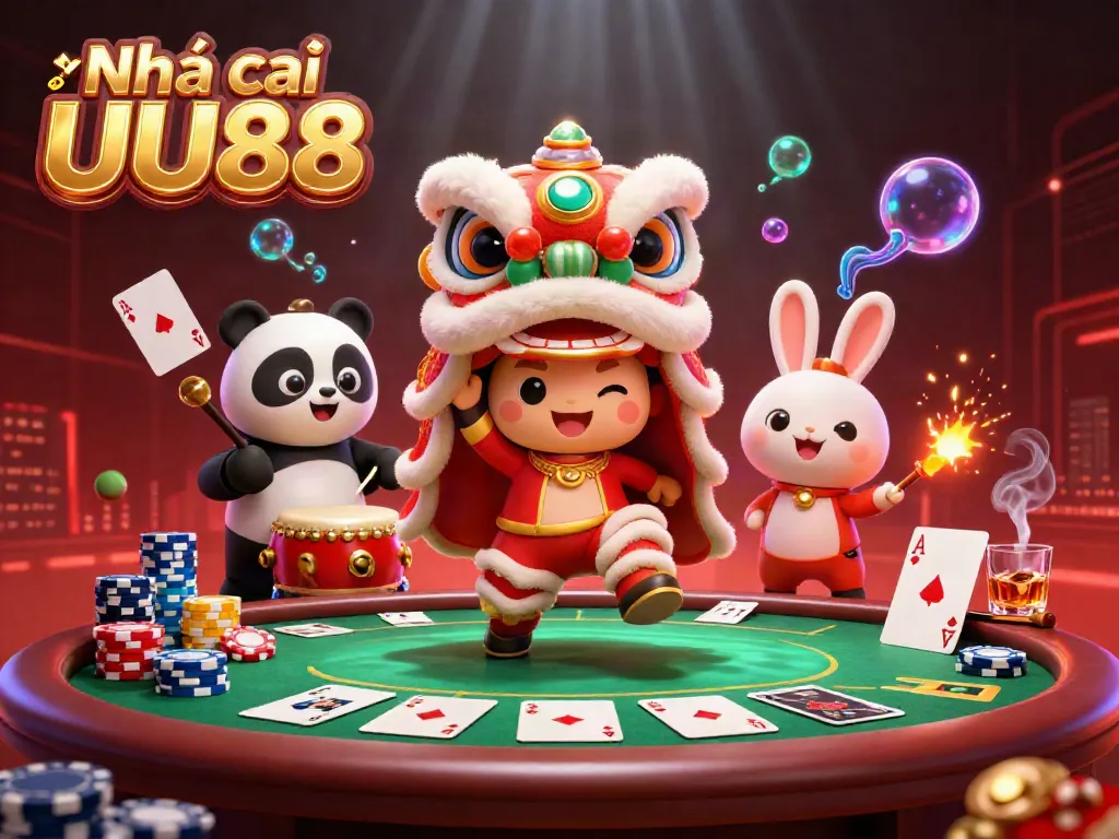Engage with nhà cái UU88 in a vibrant casino atmosphere featuring a lion dance and poker elements.
