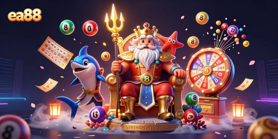ea88 captures the essence of digital gambling with vibrant lottery elements and the majestic sea king.