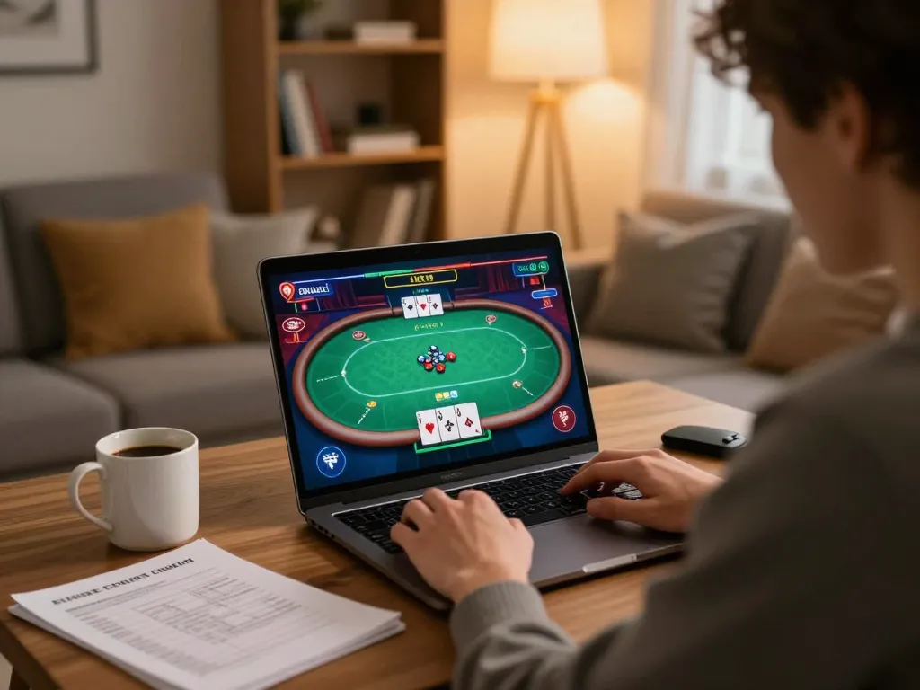 Player engaged in a strategic poker game on fabet.credit in a cozy home setting.