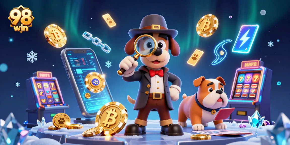 Explore the exciting world of 98 win with a detective uncovering poker clues amidst vibrant casino elements.