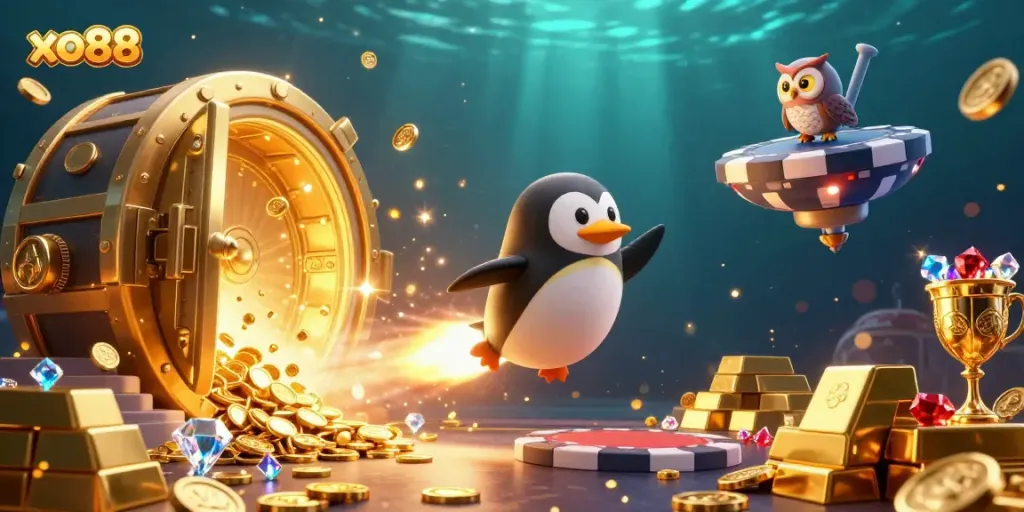 Engage with the thrilling world of xo88 through a golden penguin flying towards a casino space station, surrounded by treasure.
