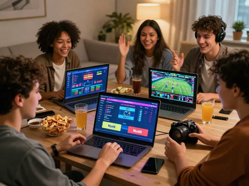 Friends enjoying sports betting on Man88 in a cozy living room