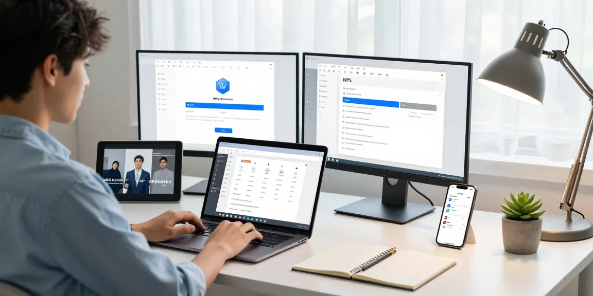 WPS Download process in a modern home office setup with productivity tools.