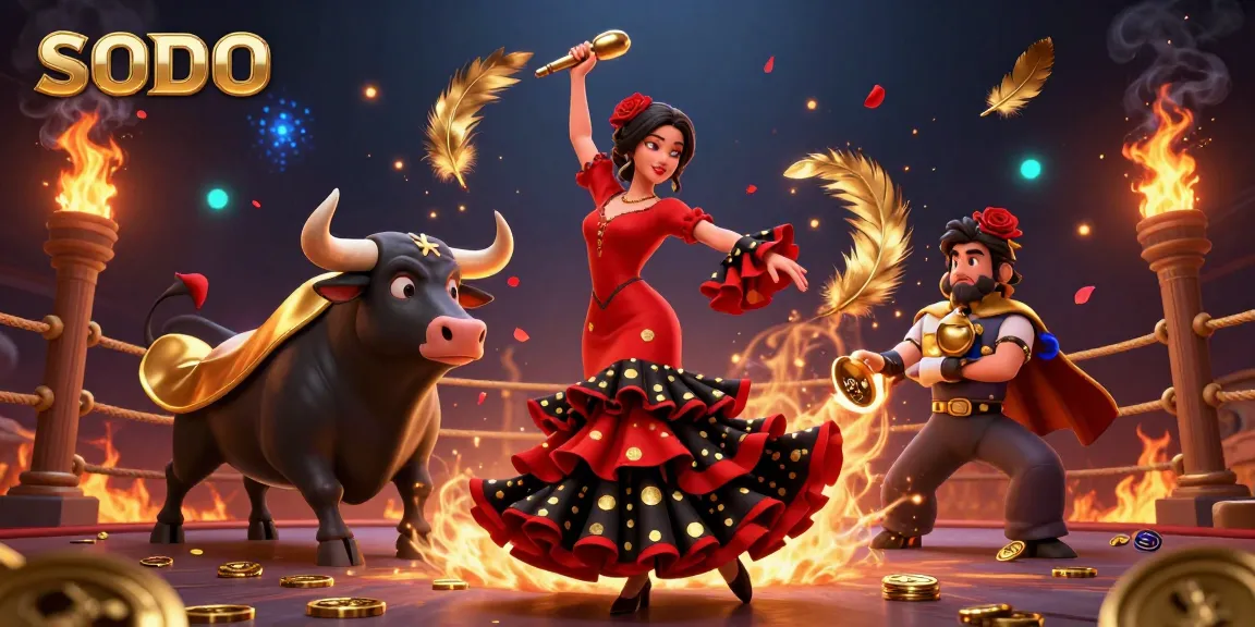 SODO engages in betting excitement with a flamenco dancer and bull in an energetic casino scene.