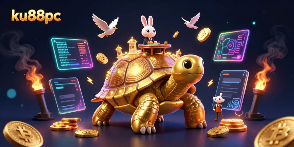 Engage in thrilling games at ku88pc, featuring a golden tortoise casino with a rabbit dealer and golden coins.