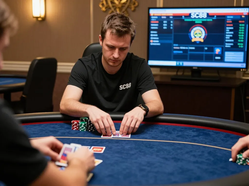 Players strategizing at SC88 poker table, showcasing online gambling action.