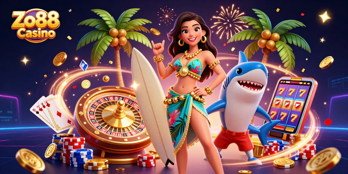 Engage in thrilling gaming experiences at Zo88 Casino with vibrant characters set against a rich casino backdrop.