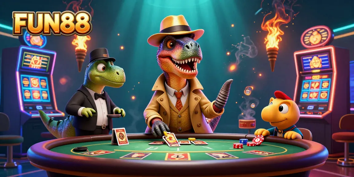 Experience FUN88 lively with a velociraptor and stegosaurus at a bustling casino scene.