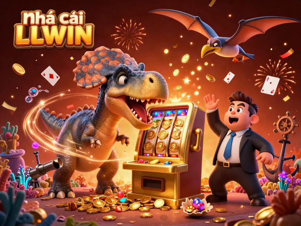 The scene showcases Nhà cái LLWIN vividly, featuring a pachycephalosaurus winning coins from a slot machine while an ankylosaur manager frantically waves.