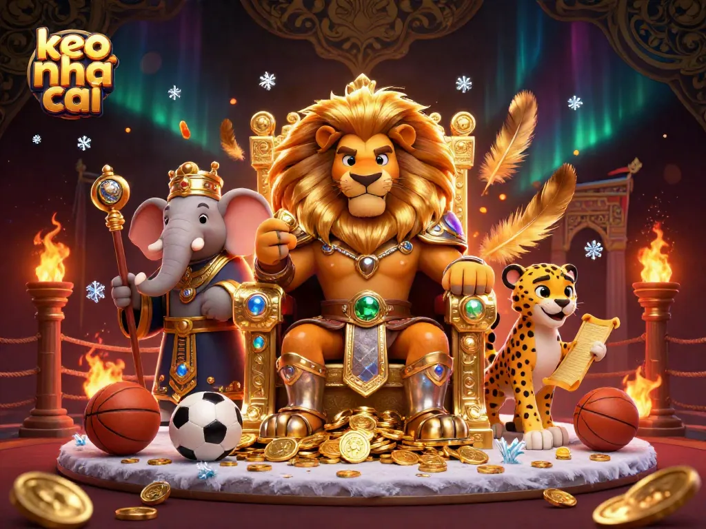 Engaging scene depicting "keo nha cai" with a lion king in a throne, sports betting elements, and energetic composition.