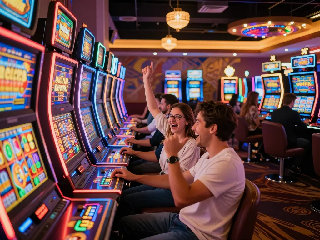 Players enjoying colorful slot machines at 78win casino, celebrating a big win.