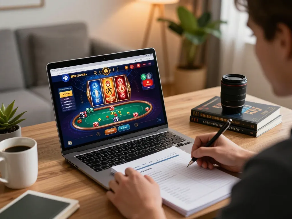 Engaging in online gambling strategies at home with xo88.fam gaming interface visible on laptop.